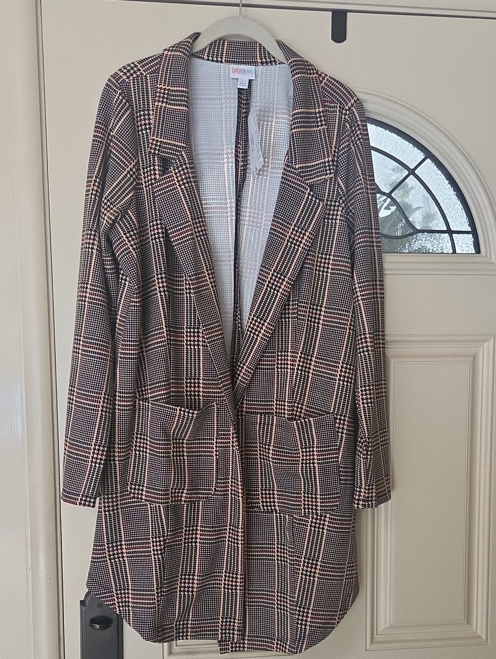 LuLaRoe Gwen Plaid Long Blazer in Black and Cream with Tan Accents